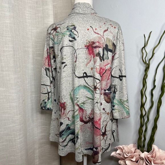 Inoah Open Front Cardigan Sweater Watercolor Floral Gray Pink Women's Size Small - Picture 2 of 11